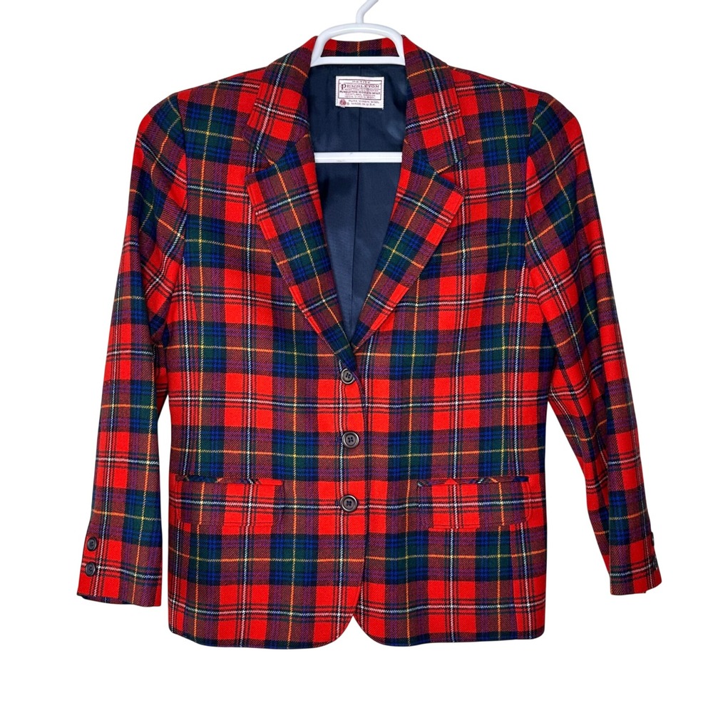 Vintage‎ Pendleton Wool Blazer Women's 10 Petite Red Blue Tartan Plaid Academia
